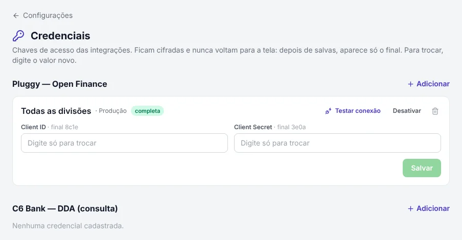 Tela de credenciais mostrando apenas o final das chaves salvas