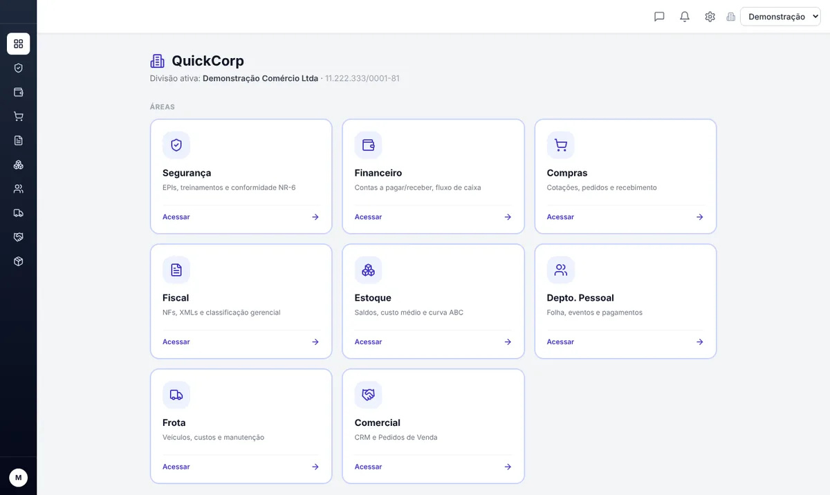 Portal do QuickCorp com as áreas Financeiro, Compras, Fiscal, Estoque, Departamento Pessoal, Frota e Comercial